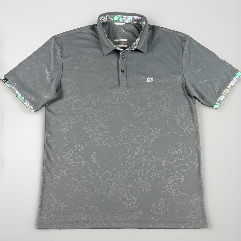 Swannies Golf Polo Shirt Men's M Gray Floral Trim/Embossed Civil War Canon Logo